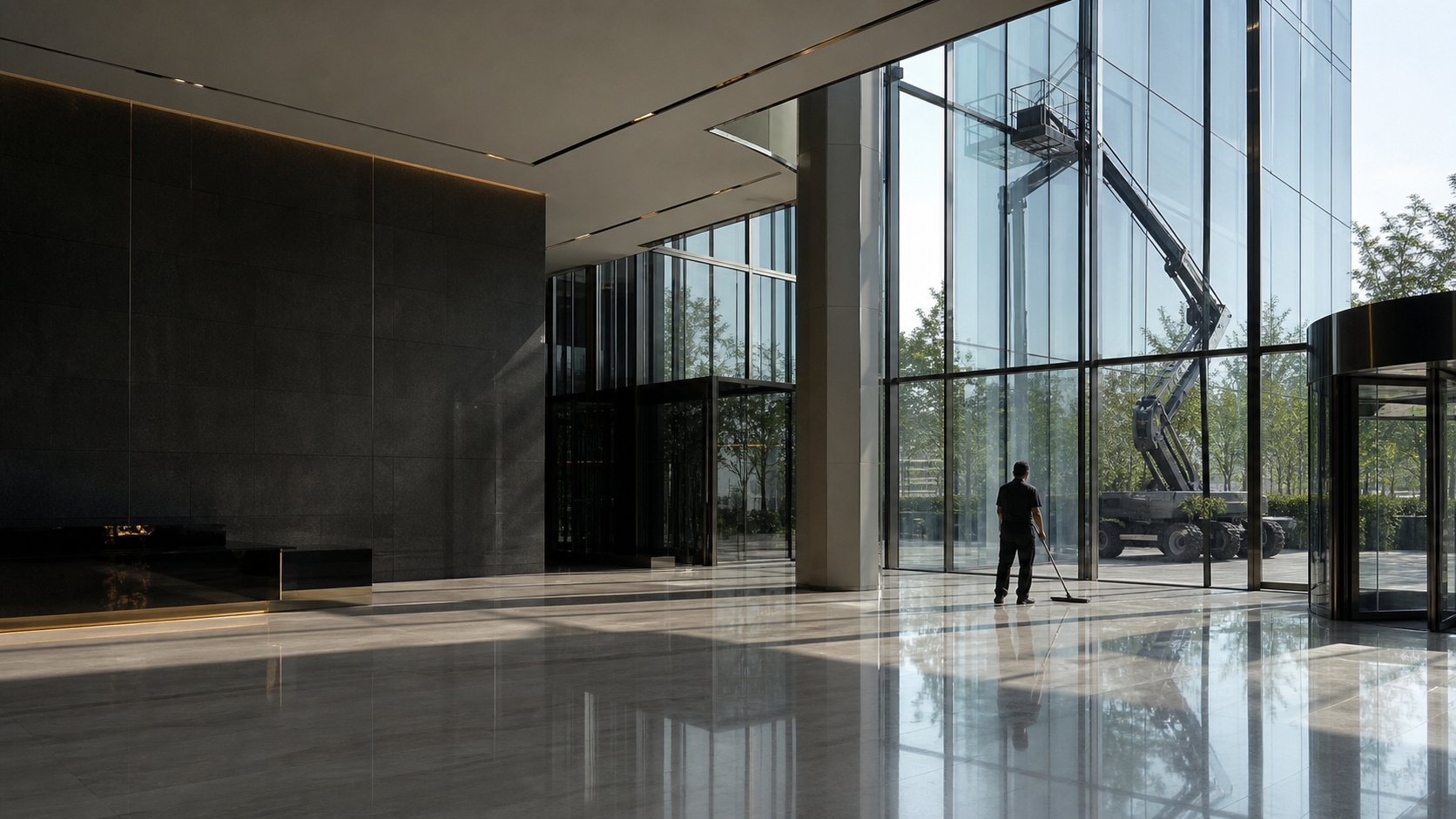 Modern commercial building with spotless glass and professional cleaning equipment